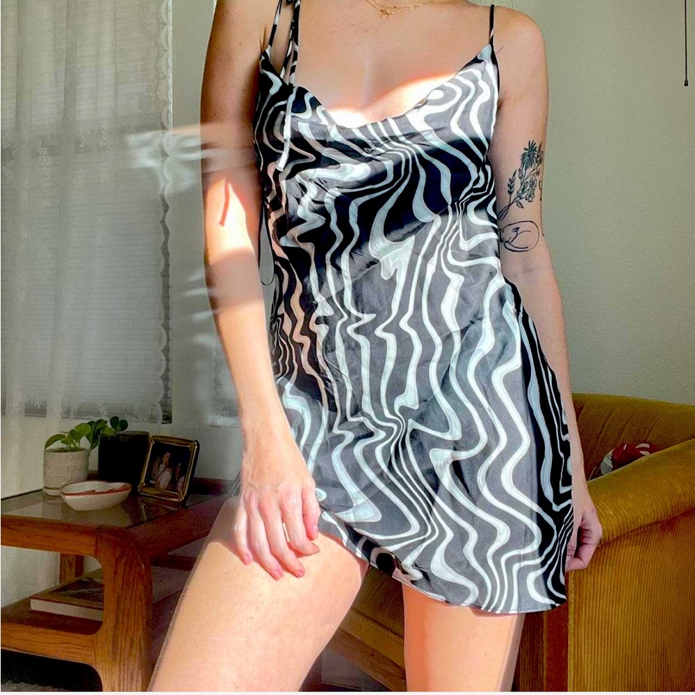 Zara Cowl Neck Satin Mini Dress with Groovy Pattern